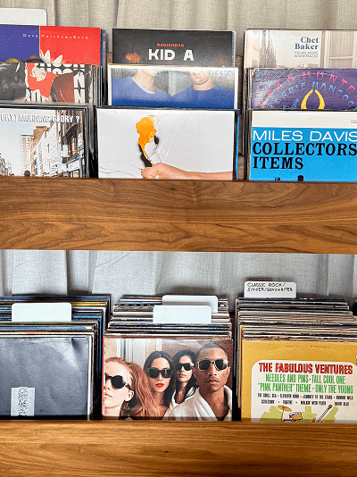 Vinyl record collection on wooden shelves
