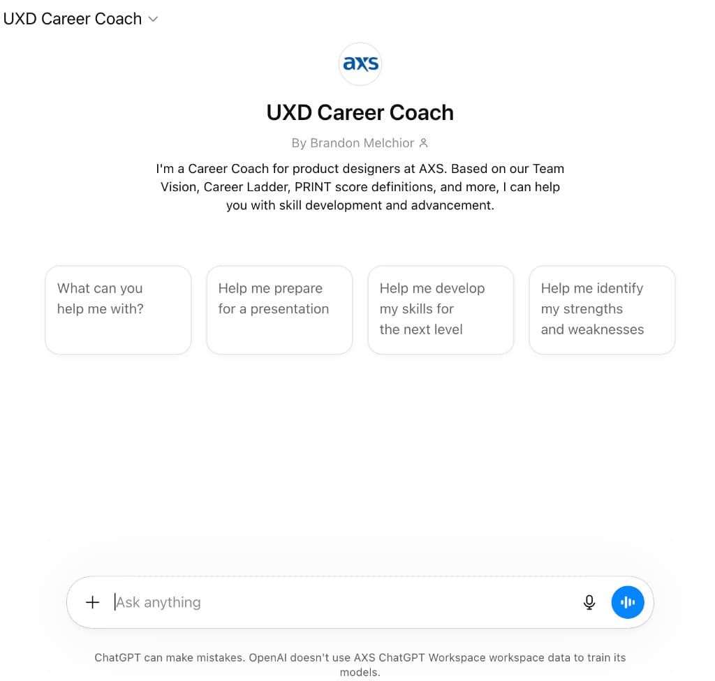 UXD Career Coach custom GPT interface
