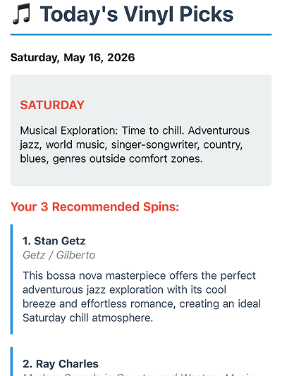 Saturday vinyl picks email with Stan Getz recommendation