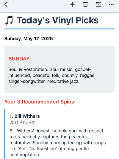 Sunday vinyl picks email with Bill Withers recommendation