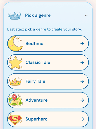 Genre selection screen in Teller Family