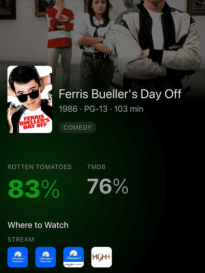 Ferris Bueller's Day Off movie detail page in The Usher